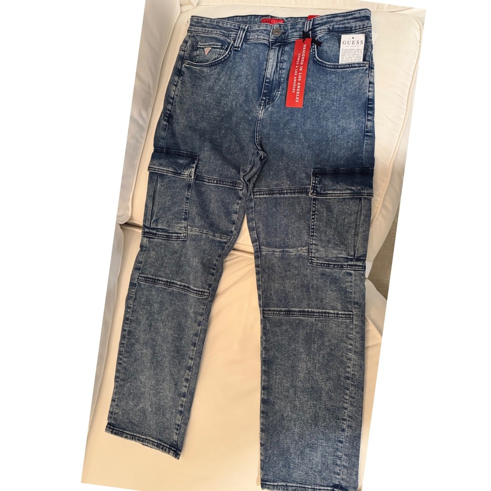 GUESS Mateo Cargo Jeans Men Size 32x30‎ Medium Wash Acid Wash Stretch Denim